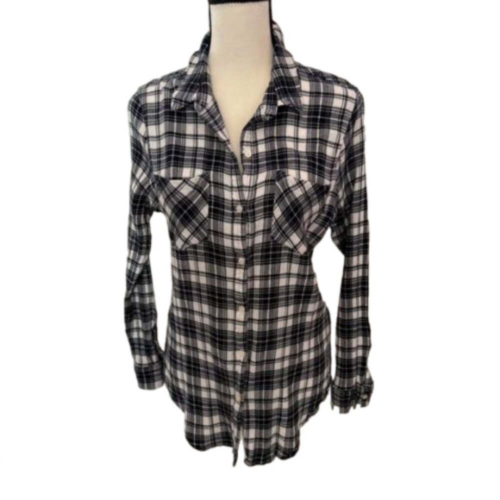 Lucky Brand Navy Blue & White Plaid Button Down Fitted Top Size L #2145